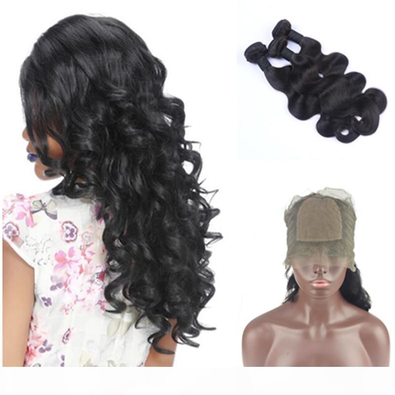 

9A Peruvian Virgin Human Hair Body Wave 3 Bundles With Pre Plucked Silk Base 360 Full Lace Band Frontal Closure 4Pcs Lot, Natural color