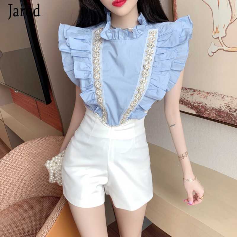 

Arrival Women 2 Piece Set Summer Sleeveless Beaded Ruffles Trim Solid Tops and High Waist Shorts Suits 210526