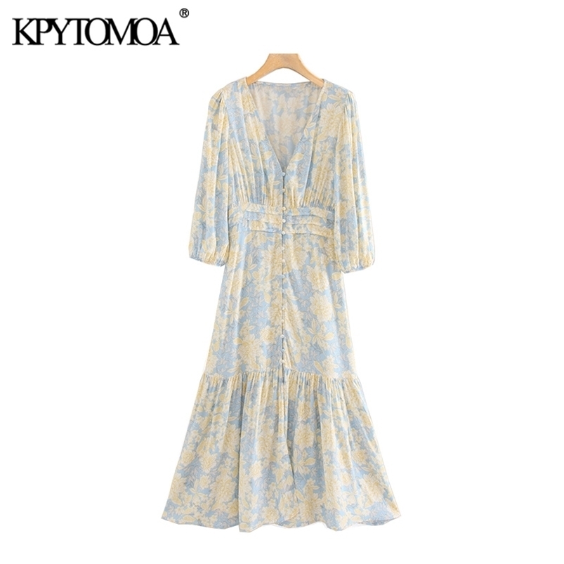 

KPYTOMOA Women Elegant Fashion Floral Print Ruffled Midi Dress Vintage V NecK Three Quarter Sleeve Female Dresses Vestidos 210701, As picture