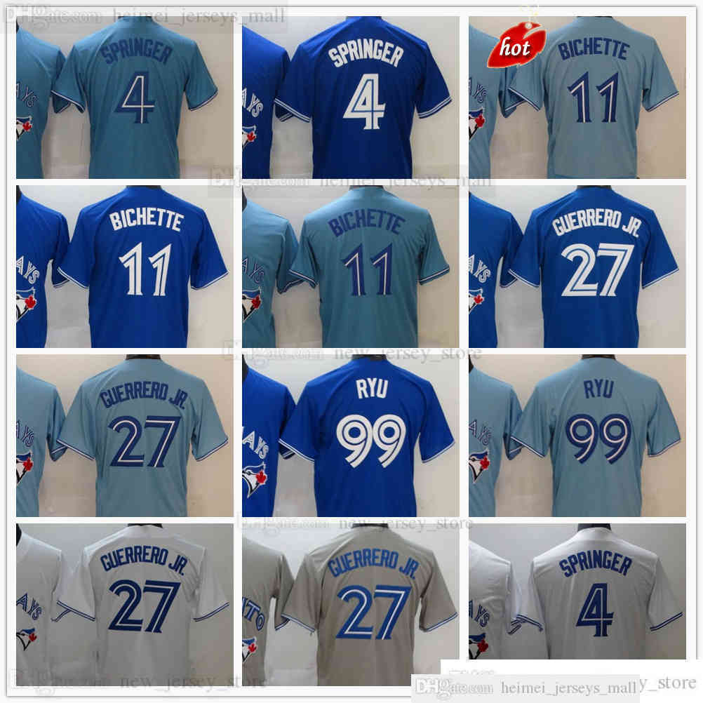 

2021 Stitched Baseball 27 Vladimir Guerrero Jr. Jerseys Blue 4 George Springer 11 Bo Bichette 99 Hyun-Jin Ryu Jersey Gray White Blank No Num, Blue;black