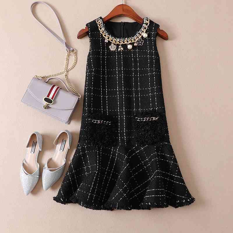 

Luxury Design Women O Neck Bead Autumn Winter Sleeveless Woolen Blend Tweed Dress Elegant Female Pocket Dresses Runway 1 210428, Multi