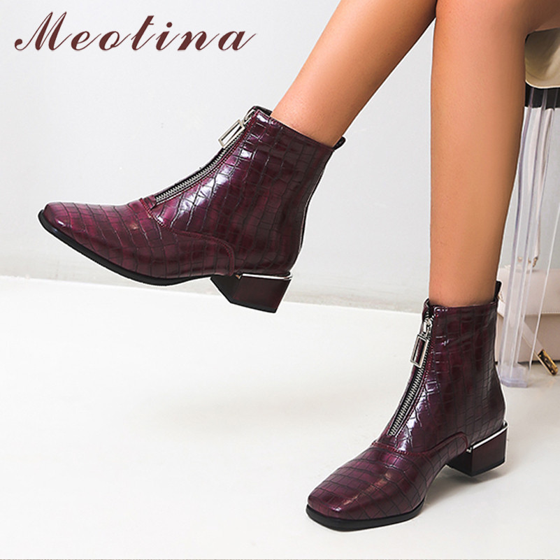 

Women Boots Med Heel Ankle Zipper Chunky Shoes Square Toe Female Short Autumn Winter Brown Big Size 210517, Wine red