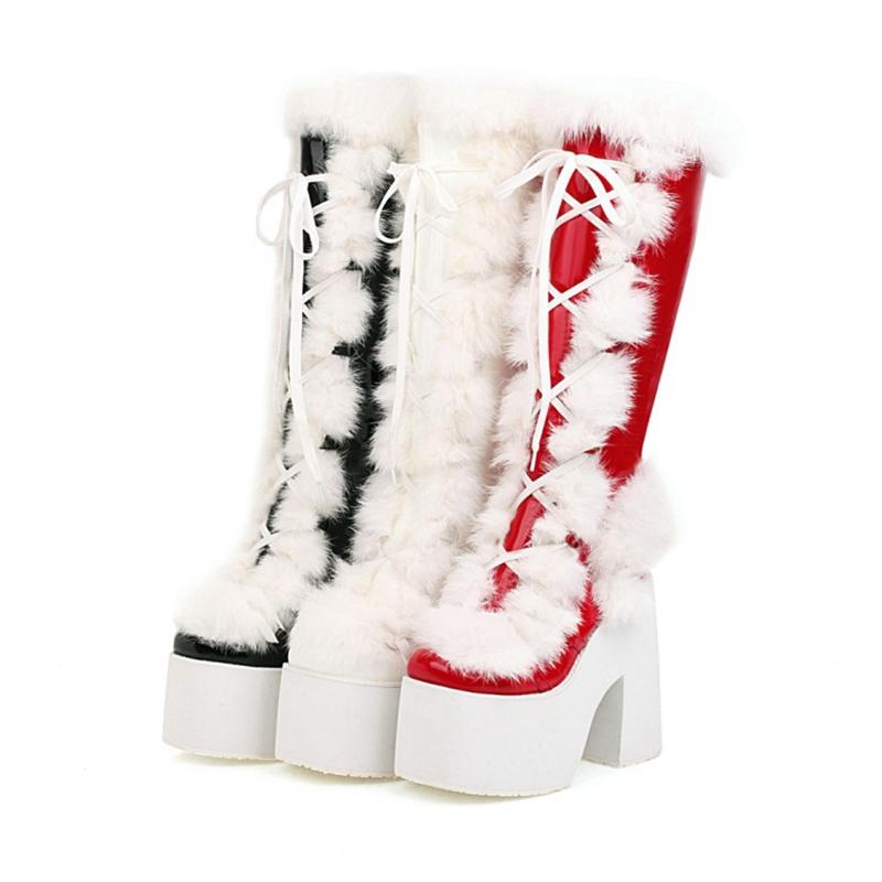 

Fashion Small Size 28 Knee High Boots Winter Warm Thick Plush Square Heels 15cm Quality Platform 7cm Snow Women Shoes Z2, Black