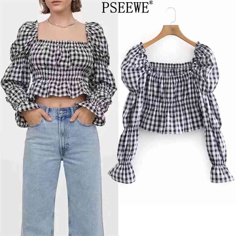 

Black White Plaid Crop Top Women Spring Square Neck Elastic Puff Long Sleeve Blouse Female Streetwear Ladies Tops 210519