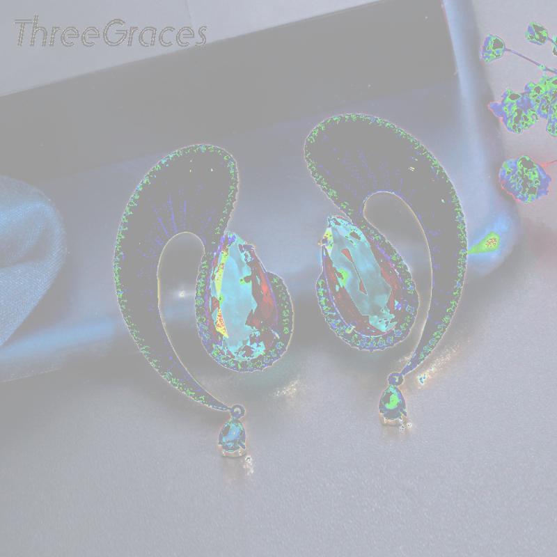 

Dangle & Chandelier ThreeGraces Geometric Light Blue Waterdrop Pink Micro Pave CZ Big Long Designer Earrings Women Party Jewelry ER466, Silver