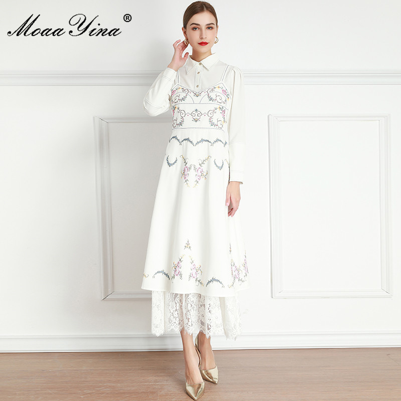 

Fashion Set Spring Women's Long sleeve Blouses Tops+Flowers Embroidery Patchwork Lace dress Two-piece set 210524, White