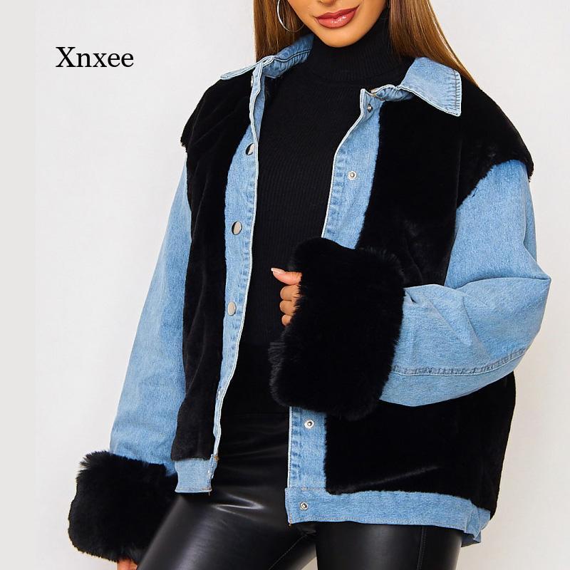 

Women' Fur & Faux Autumn And Winter Casual Fashion Warm Fleece Denim Patchwork Coat Jacket Ladies Loose Long-Sleeved Top Streetwear, White