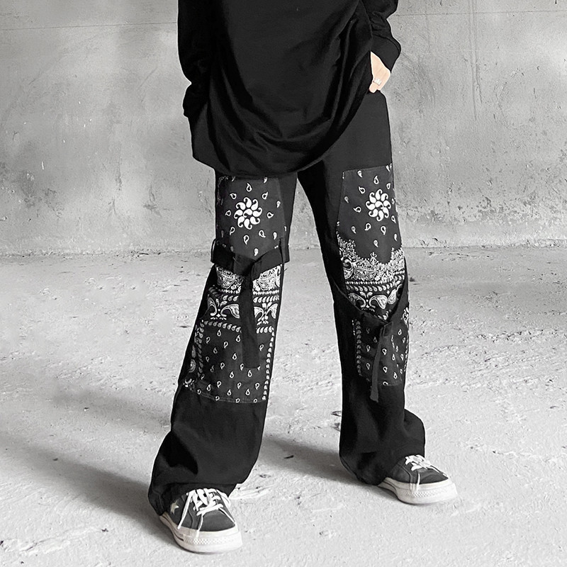

High Street Flower Print Spliced Cargo Pants Men and Women Wide-leg Straight Casual Trousers Oversize Hip Hop Loose Pants, Black