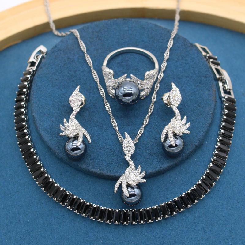 

Earrings & Necklace Freshwater Black Pearl Ring Set Silver Color Jewelry Sets Zirconia Bracelet For Women Gift Box