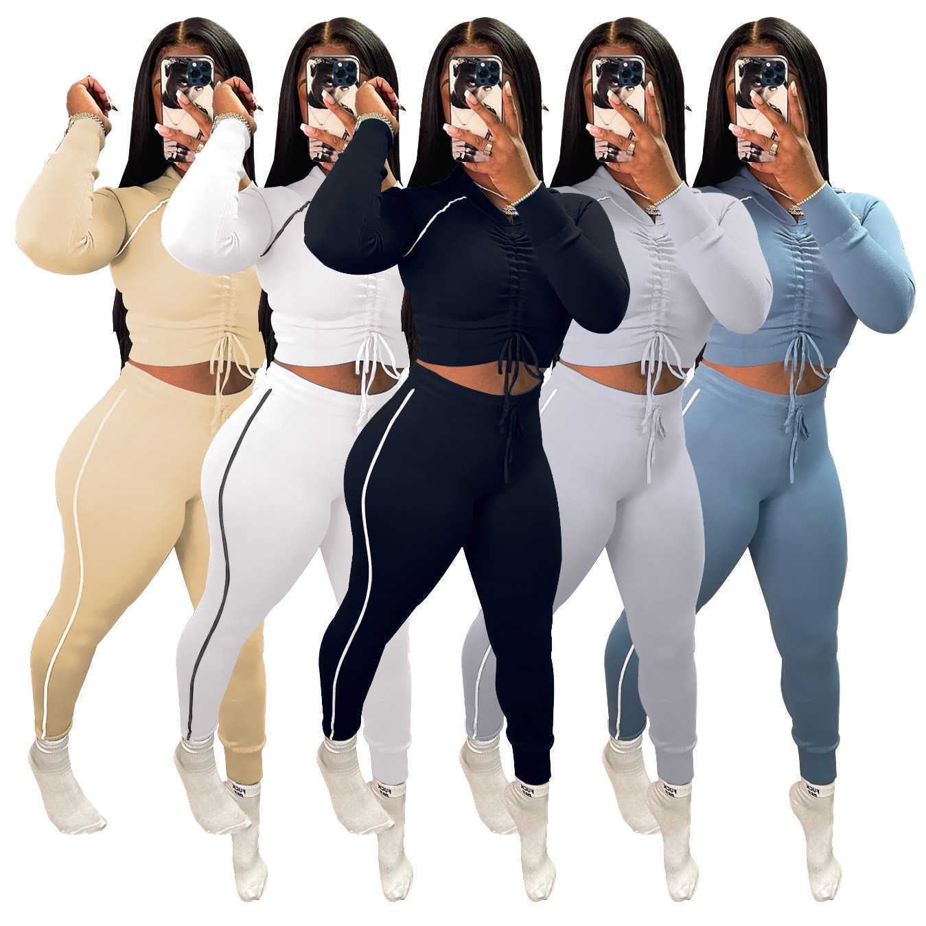 

Designers Women sports tracksuits Clothes 2021 pleated hooded long sleeved trousers two piece set solid color elastic suit Women, White