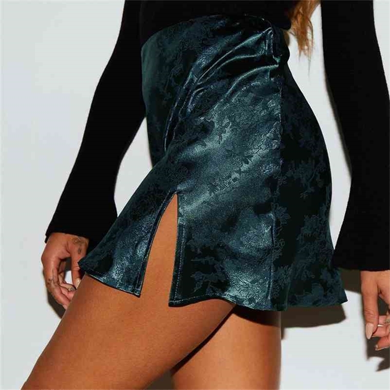 

Summer women Split skirt sexy jacquard satin high waist zip party black ladies short beach  210517