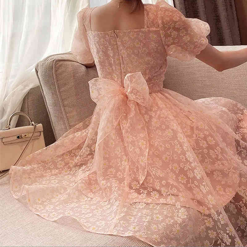 

Sumemr Chic Elegant Vintate Floral Fariy Dress Women Short Sleeve Midi Female Party Beach Korea Holiday 210517, Short dress