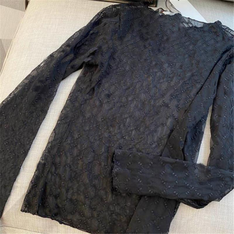 

2021 new Fashion designer Tops & Tees Sexy Women lace Shirts Letter Embroidery Lady Tee Party Banquet Trendy Girls Transparent clothes, Black