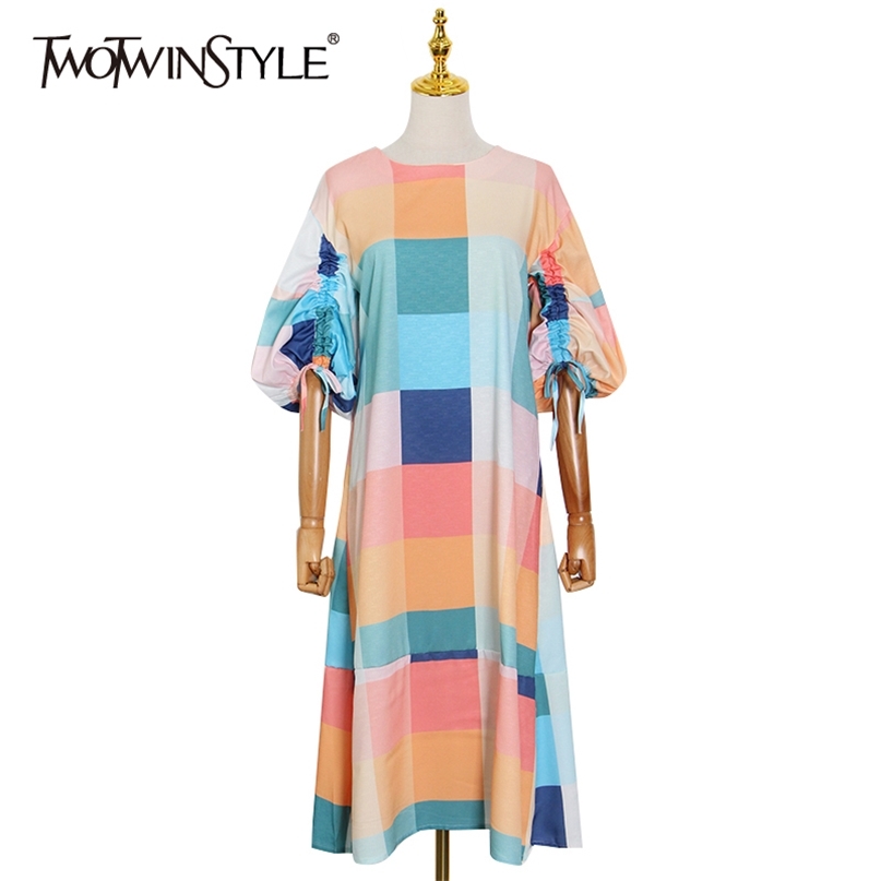 

Hit Color Loose Dress For Women O Neck Puff Sleeve Plaid Casual Drawstring Summer Dresses Female Fashion 210520, Blue