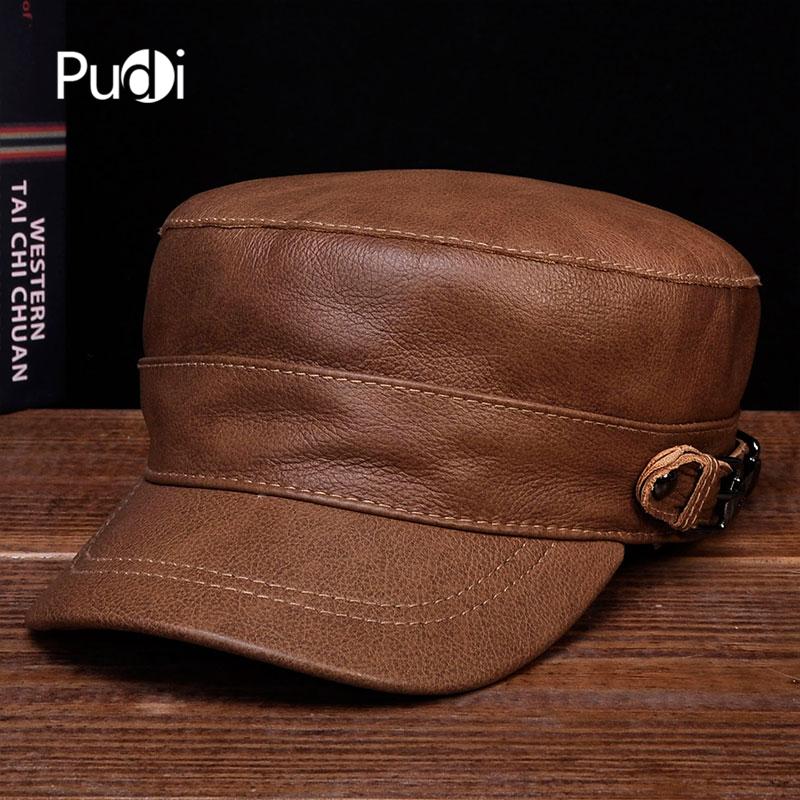 

Berets Pudi Men Women Beret Hat Geunine Leather Unisex Bucket Caps HL108, Brown