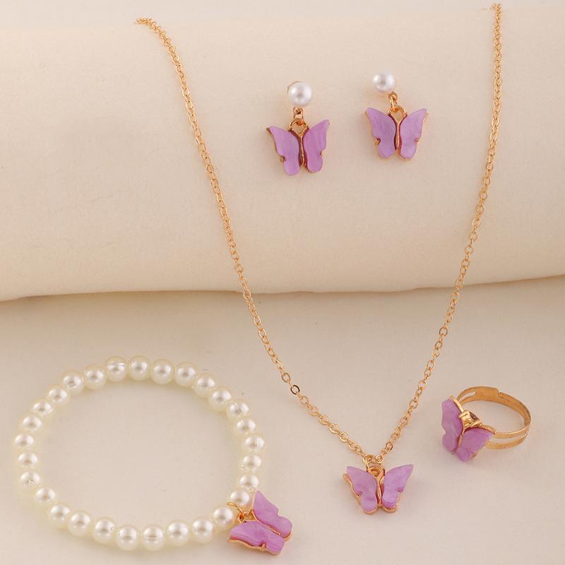 

Earrings & Necklace 4pcs/Set Sweet Children Jewelry Set Acrylic Butterfly Pendant Bracelet Ring Earring Girl Baby Accessories, Silver