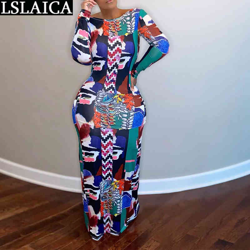 

Fashion Dresses Casual Long Sleeve Floor Length Clothing Women Sexy Backless Strappy Printing Holiday Beach Vestidos Cortos 210520, Multi
