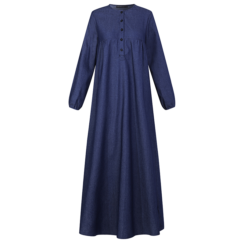 

2021zanzea women long sleeve solid maxi sundress vintage autumn denim blue dress casual buttons kaftan vestido muslim dress robe 5xl, Black;gray