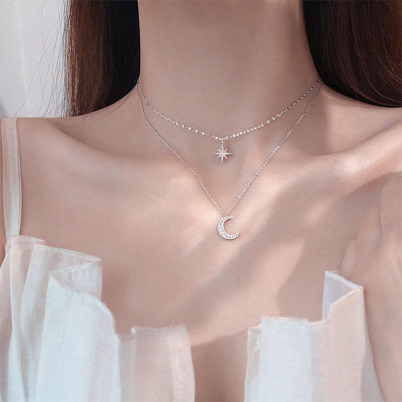 

Chokers 2021 Korean Fashion Jewelry Double Layer Silver Chain Crystal Star Moon Necklace Bijoux Femme Collier Choker Necklaces For Women