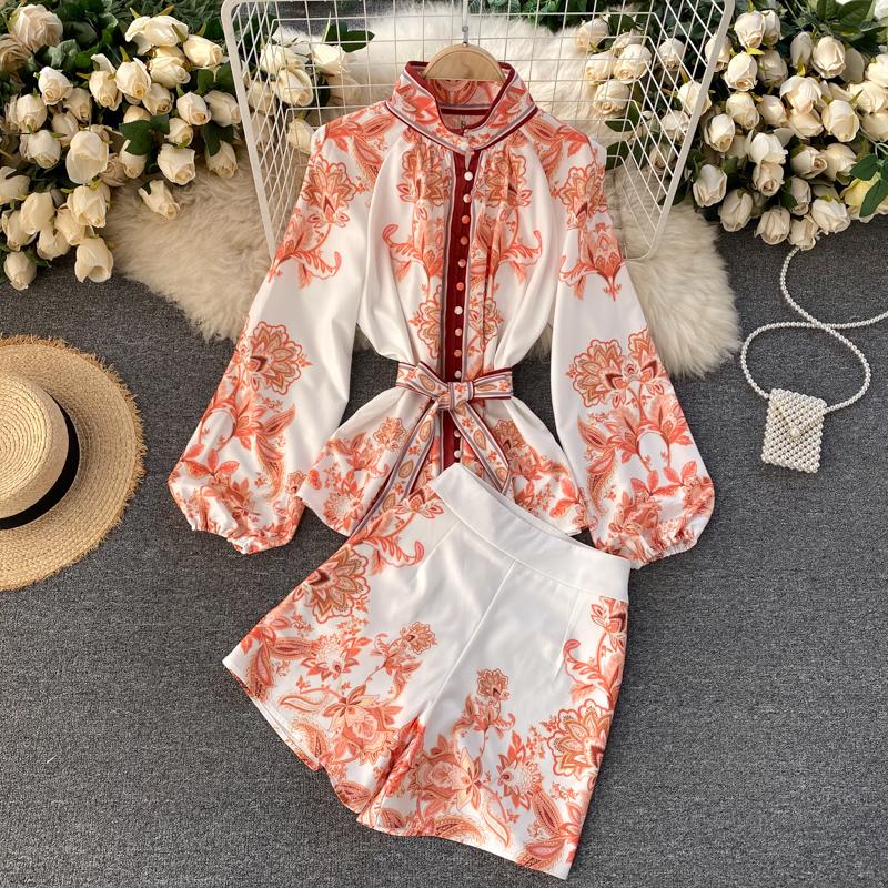 

Women's Tracksuits Autumn Printed Shorts Two-piece Stand Collar Multi-button Fine Long-sleeved Shirt + Waist Set, Two-piece suit