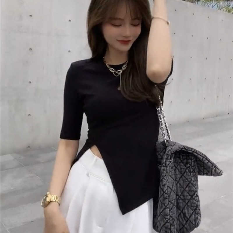 

WOMENGAGA T-shirt Women's Fashion Short Sleeve Irregular Split Tight Thin Top Tees Summer Sexy Korean Girl Female Tops 2E60 210603, White