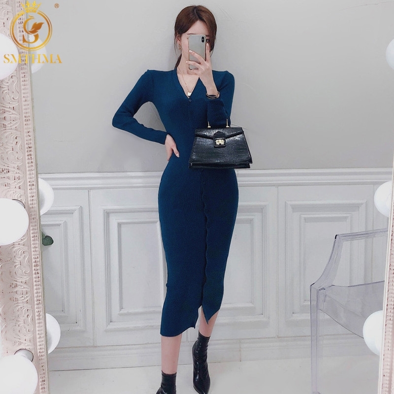 

Runway Autumn And Winter Knitting Long Dress Women Splice Single-Breasted Full Sleeve Sweater Vestido Da Festa 210520, Photo color