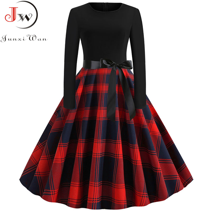 

New Autumn Winter Women Plaid Print Dress Elegant Casual Vintgae Dress Robe Femme Black Patchwork A-line Party Vestidos, Pettiskirt red