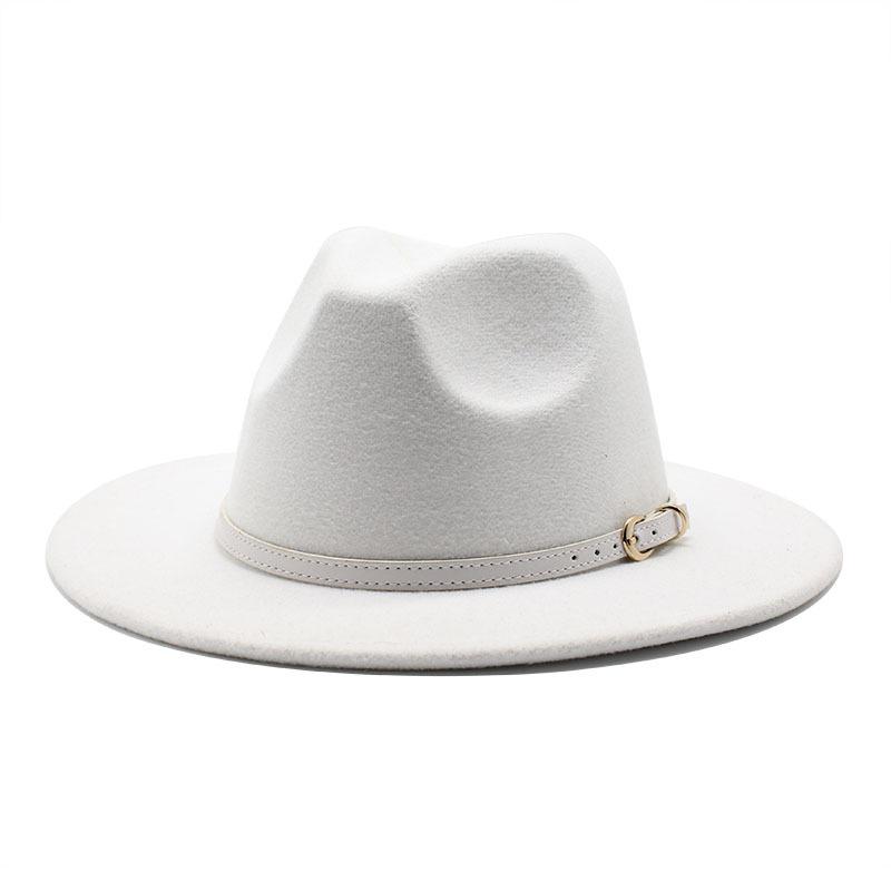 

Wide Brim Hats Women White Fedora Panama With Color Belt Buckle Woolen Ladies Fedoras Jazz Hat Felt Wholesale 2021