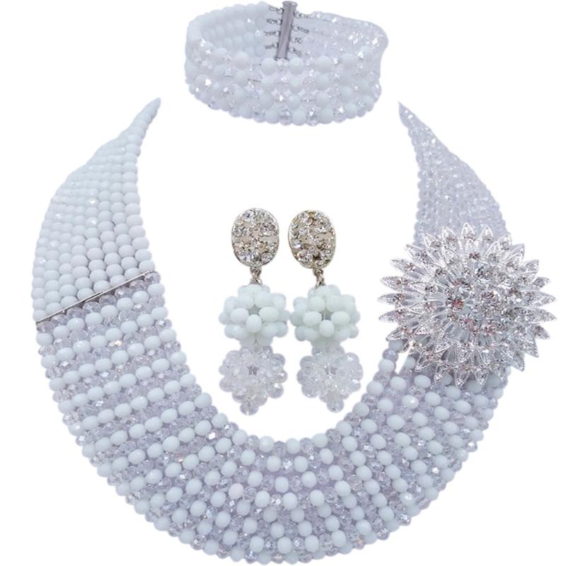 

Earrings & Necklace White Clear AB Fashion African Beads Jewelry Set Nigerian Choker Wedding Party, Silver