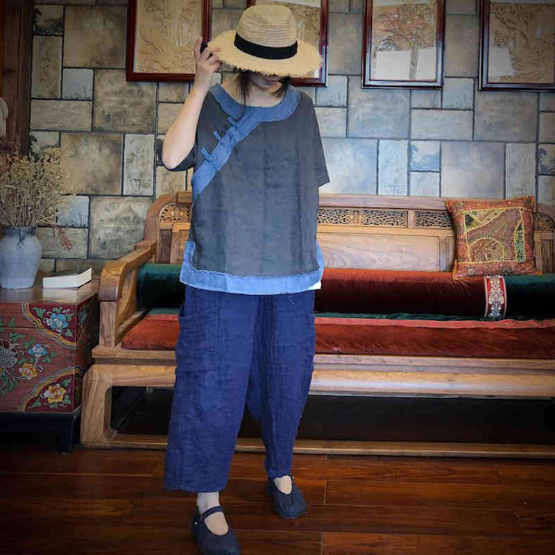 

Johnature Women Blouses Vintage Clothes Summer Tops Half Sleeve Patchwork Shirt O-neck Loose Shirts Retro Tops 210521, Gray