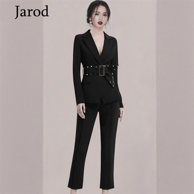 

Business Spring Autumn Women 2 Piece Set Formal Black Long Sleeve Notched Blazers Coat+OL Pencil Pant Suit With Belt 210519, Picture color