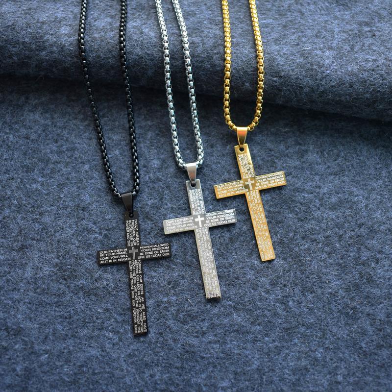

Pendant Necklaces Bible Jesus Cross Stainless Steel Pendants Scripture Letter Long Chain Necklace For Men Jewelry Colar Collier