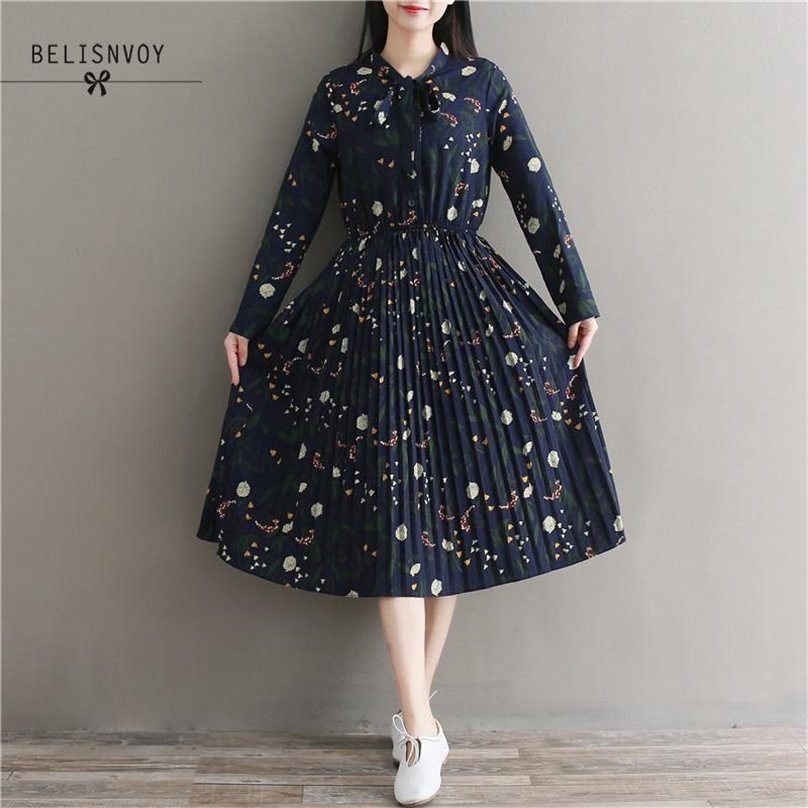 

Mori Girl Vintage Midi Dresses Women Spring Autumn Vestidos Longo Female Long Sleeve Floral Printed Chiffon Pleated 210520, Navy blue