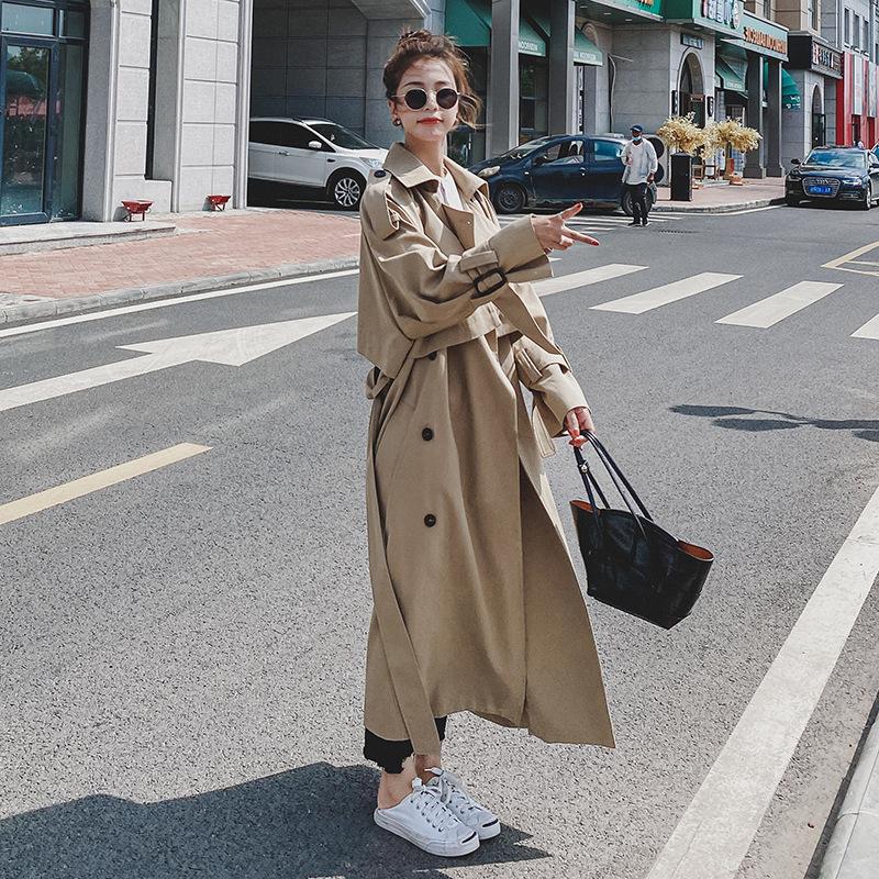 Trench femme longue 2021 printemps et automne mode coréenne coupe-vent ample Double boutonnage à lacets manteau