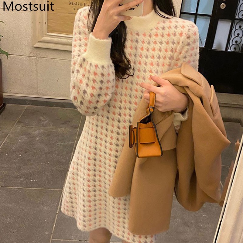 

Houndstooth Knitted Women Mini Dress Spring Full Sleeve Stand Collar Dresses Elegant Korean Fashion Female Vestidos Femme 210518, Pink