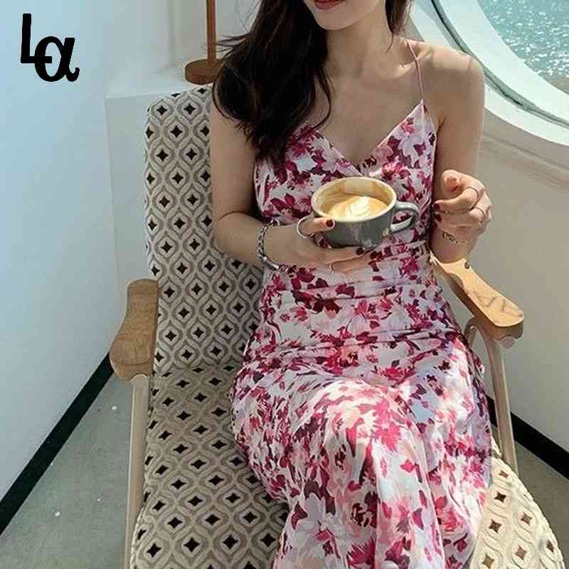 

Sexy Elegant Strap Dress Women V-Neck Floral Midi Evening Party Female Vintage Korean Summer 210519, Apricot