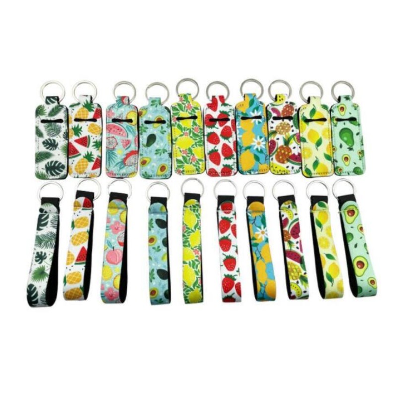 

Party Favor Fruit flower Series Neoprene Gourd Chapstick Holder Wristlet Lanyard Keychain Set Lipstick Cover Hand Wrist Strap Keychains