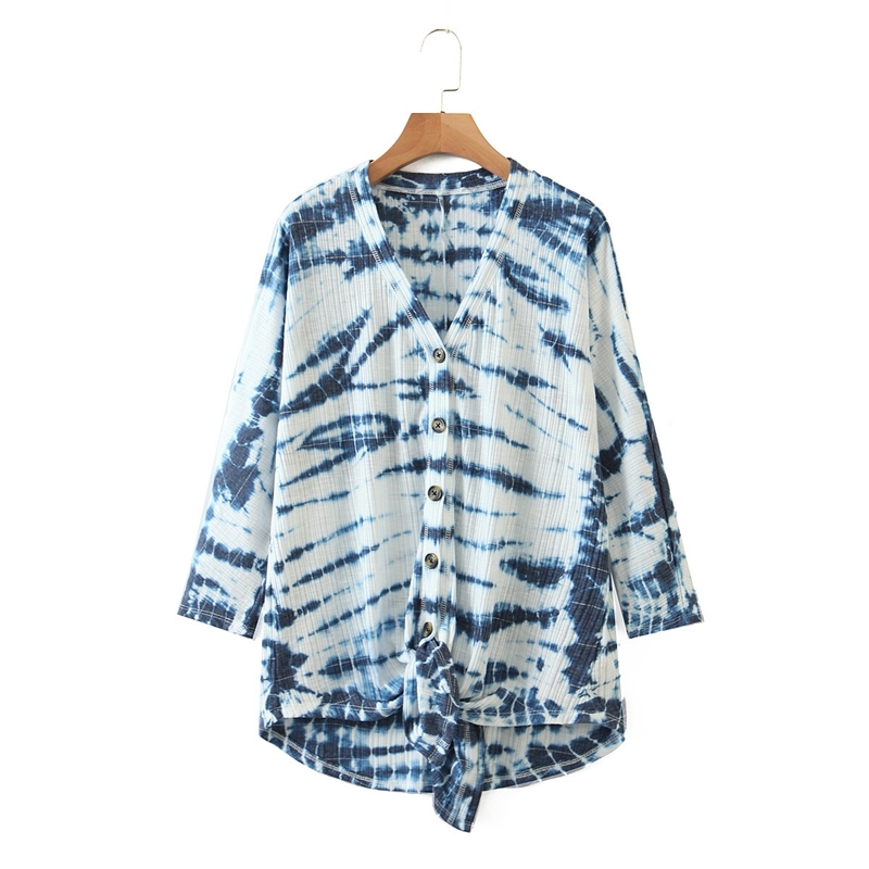 

Fashion Loose Printed Blouse Women V neck Long Sleeve Know Plus Size Street wear Shirts Ladies Casual Knit Tops XZ2519 210525, Blue