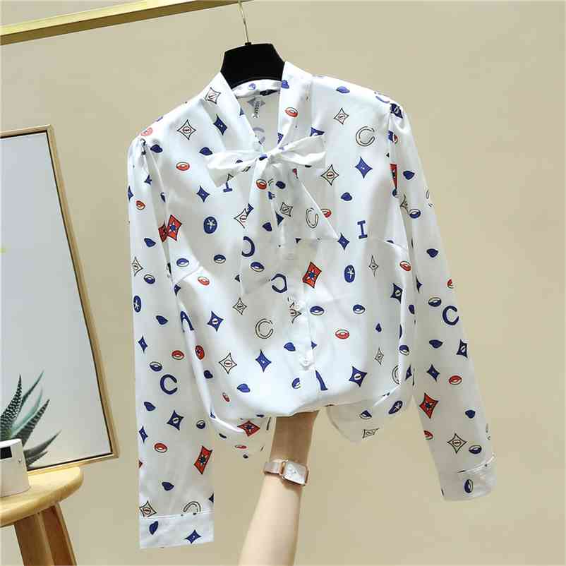

Autumn Elegant Women' Bow Collar Long Sleeves Chiffon Shirts Female Ladies Print Shirt Blouse Tops A4056 210519, Beige