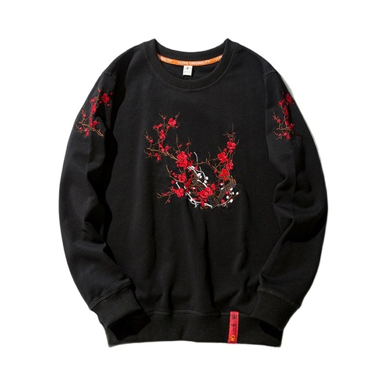 

Sweatshirts for Men Women Yokosuka Souvenir Plum Flower Embroidery Hoodie Long Sleeve O Neck Cotton Knit Harajuku Pullover 210720, Black