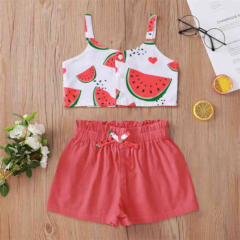 

Summer Children Sets Casual Strap Single Breasted Print Watermalon Tops Red Shorts 2Pcs Girl Boys Clothes 1-8T 210629