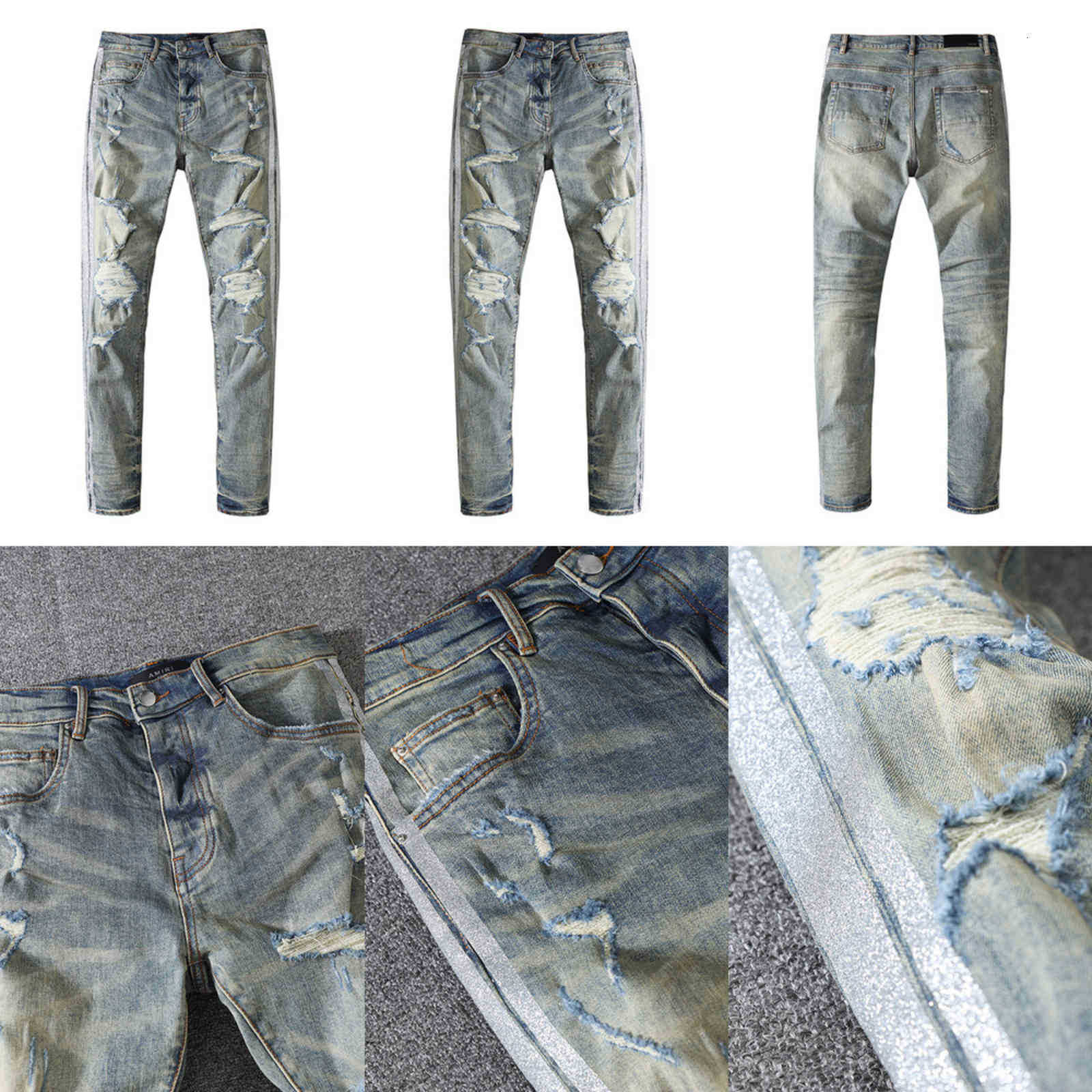 

amiry jeans men's light color pierced casual versatile side silver line slim, Light blue
