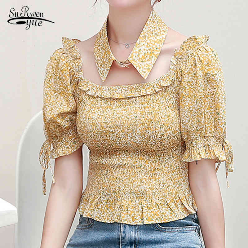 

Korean Style Women Shirts Printed Short Sleeve Chiffon Blouses Elegant Hollow Out Office Lady Tops Slim Clothing Blusa 10063 210521, Yellow