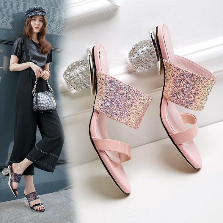 

Slippers 18 Summer Style One-piece Slipper With Special-shaped Diamond And Color Matching Fashion High-heeled Sequin Sandal, Black