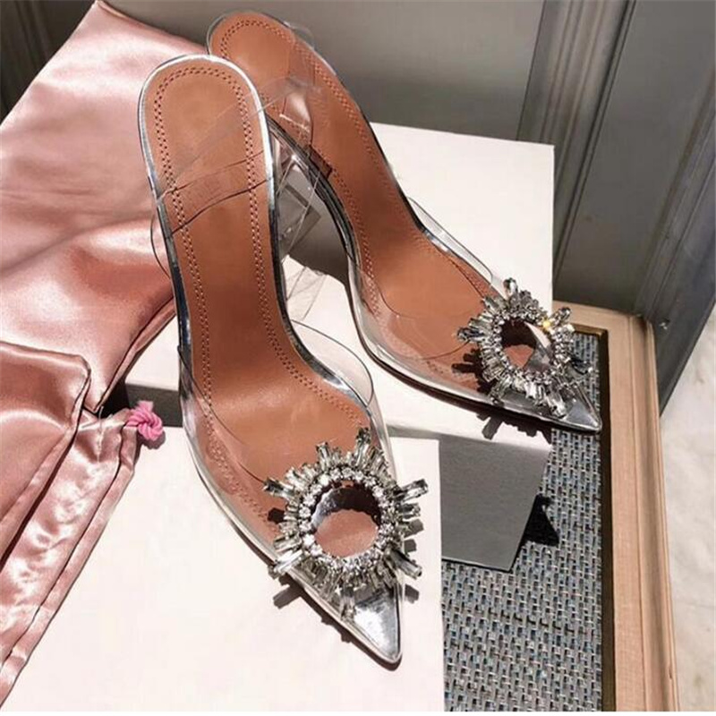 

2022 dress Shoes 7cm 10cm Begum embellished PVC pumps high heels begum bowknot Transparent diamond sandals shine cap toe fine tip sexy women's summer crystal shoe, Freight difference