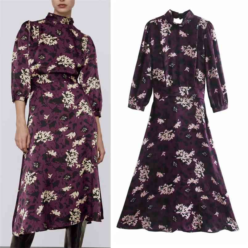 

Purple Floral Print Midi Dress Women Pleated High Neck Vintage Elegant Woman Back Opening Party es 210519