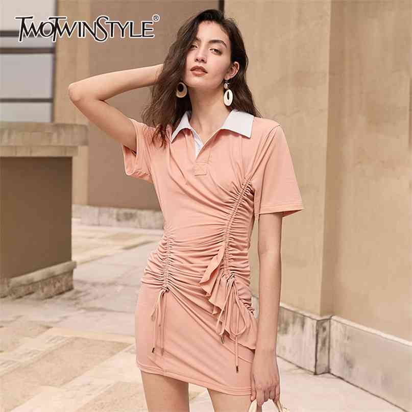 

Patchwork Ruched Women's Dress Lapel Collar Short Sleeve Drawstring Lace Up Elegant Dresses Female Summer 210520, Pink