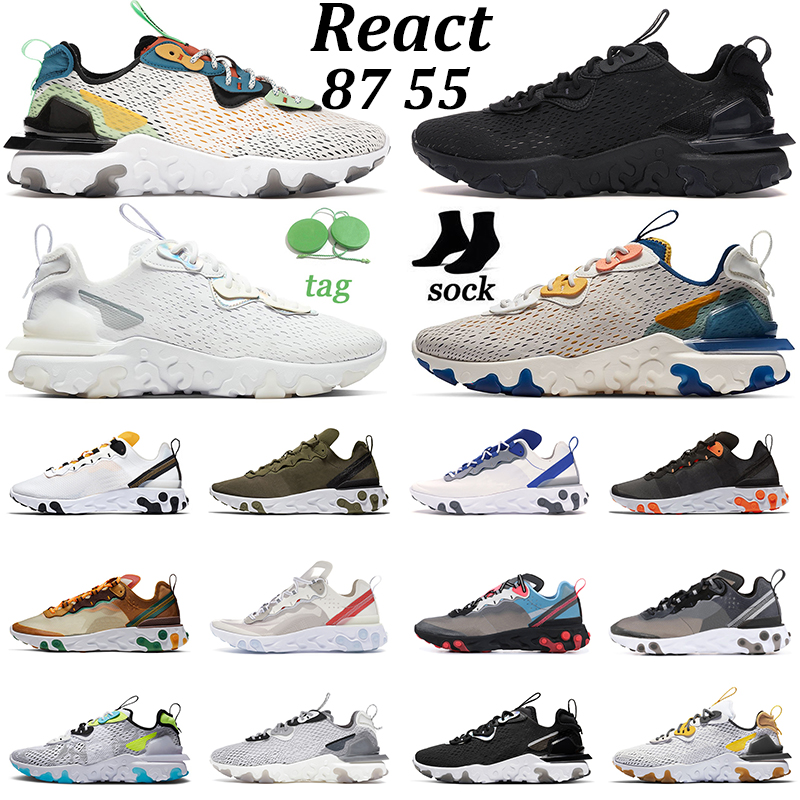 

React Element Men Running Shoes 87 55 Vision Triple Black White Iridescent Worldwide Pack Vast Grey Honeycomb Mens Women Trainers Outdoor Sports Sneakers, 55 36-45 black white