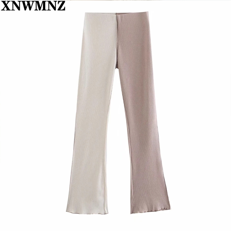 

Flare Pants for Women White Pink Contrast High Waist Woman Summer Ribbed Knit Trousers Sweatpants 210520, Multi