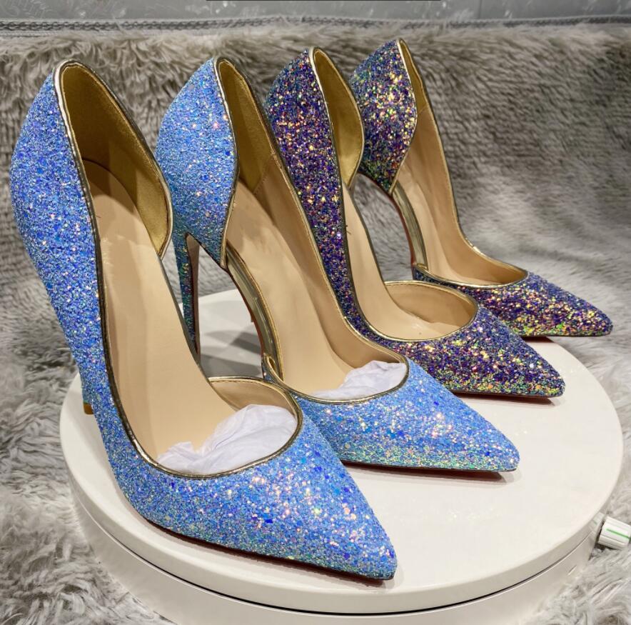 

Red Bottoms Women Dress Shoes Ladies High Heels 8cm 10cm 120mm Pointed toes pumps big size eu34 to 45 party Banquet Blue Glitter Side space Purple wedding shoe with logo